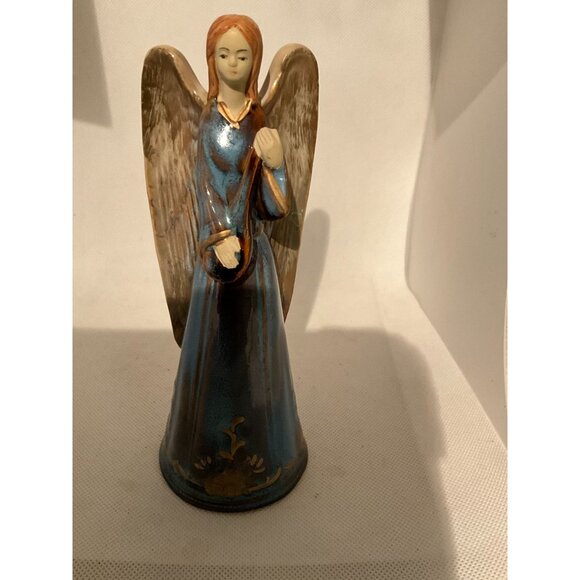 Hand-Painted Ceramic Angel Figurine With Blue Dress & Golden Accents - Picture 8 of 8
